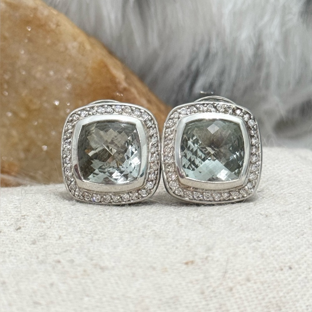 David Yurman Diamond Prasiolite Albion Earrings .925 Sterling Silver